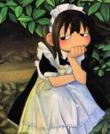  1girl apron black_dress black_eyes black_hair blush bored branch commentary dress elbows_on_knees explosion_psycho half-closed_eyes hand_on_own_chin head_rest highres leaf leaning_forward looking_to_the_side maid maid_apron maid_headdress medium_hair on_ground original outdoors painting_(medium) short_sleeves sidelighting sitting solo symbol-only_commentary traditional_media twintails 