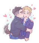  2boys animal_ears bara black_hair blonde_hair blue_eyes blue_jacket chibi dog_ears dog_tail highres hug jacket licking licking_another&#039;s_cheek licking_another&#039;s_face multiple_boys open_mouth scar scar_on_face short_hair simple_background tail thick_eyebrows undercut wasted_m9 white_background yaoi 