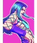  1boy blue_hair blue_lips bracer fishnet_top fishnets hat highres horned_hat jojo_no_kimyou_na_bouken long_hair narciso_anasui pink_background pink_eyes revealing_clothes ruushii_(lucy_steel6969) solo stone_ocean upper_body 