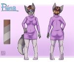  anthro blue_eyeshadow brown_hair clothed clothing color_swatch eyeshadow female front_view fur glistening glistening_eyes glistening_hair grey_body grey_eyes grey_fur grey_tail hair hi_res looking_at_viewer makeup model_sheet mouth_closed nipple_outline purple_clothing purple_topwear rear_view riddlr runa_(surtseysnow) simple_background solo standing topwear 