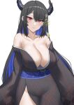  1girl absurdres bare_shoulders black_hair black_kimono blue_hair breasts cleavage collarbone colored_inner_hair demon_horns hair_ornament highres hololive hololive_english horns japanese_clothes kimono large_breasts long_hair looking_at_viewer mole mole_under_eye multicolored_hair nerissa_ravencroft obi off_shoulder parted_lips rebelium red_eyes sash simple_background solo tassel tassel_hair_ornament two-tone_hair very_long_hair virtual_youtuber white_background 