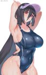  1girl arms_behind_head arms_up black_hair blue_one-piece_swimsuit breasts cameltoe chamame covered_navel highres large_breasts long_hair looking_at_viewer one-piece_swimsuit pink_headwear solo sweat swimsuit yamada_tae zombie_land_saga 