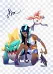  1girl aqua_hair armband black_hair breasts character_request checkered_background clenched_hand crop_top dark-skinned_female dark_skin drednaw earrings fish goldeen hair_bun holding holding_poke_ball hoop_earrings jewelry medium_breasts midriff multicolored_hair navel nessa_(pokemon) on_one_knee poke_ball poke_ball_(basic) pokemon pokemon_(creature) pokemon_(game) pokemon_swsh sandals short_shorts shorts single_hair_bun two-tone_hair uraya_nagi very_dark_skin 