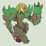 1girl 2023 armor blonde_hair blue_eyes claws dand_axolotl english_commentary frown grey_background hair_over_one_eye highres long_hair metroid metroid_dread metroid_suit samus_aran shoulder_armor shoulder_spikes signature simple_background solo spikes 