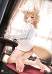  1girl animal_ears bare_legs barefoot blonde_hair casino_(casinoep) character_request coffee_mug copyright_request cup extra_ears feet fox_tail highres looking_at_viewer looking_back mug open_mouth shirt short_hair soles table tail white_shirt 