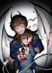  2boys amuro_ray behind_another belt black_belt blood blood_on_clothes blood_on_face blood_on_hands blood_splatter bloody_wings blue_eyes blue_jacket brown_hair char&#039;s_counterattack chinese_commentary closed_eyes commentary_request crying crying_with_eyes_open demon_horns demon_tail demon_wings different_shadow dual_persona eclipseb041117 facing_viewer grin gun gundam hand_up handgun highres holding holding_gun holding_weapon holster horns jacket long_sleeves male_focus military_jacket mobile_suit_gundam multiple_boys one_eye_covered pointing pointing_at_viewer short_hair smile tail tears time_paradox weapon white_tail white_wings wings 