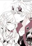  1boy 1girl asfj_w closed_eyes dog_tags earrings english_text flower genshin_impact hair_flower hair_ornament hetero japanese_clothes jewelry lumine_(genshin_impact) one_eye_closed short_hair short_hair_with_long_locks thoma_(genshin_impact) twitter_username 