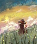  1girl absurdres black_cape black_headwear blue_sky brown_hair cape cloud cloudy_sky commentary dutch_angle facing_away from_behind full_body gradient_sky grass hand_on_headwear hand_up hat highres holding holding_staff kono_subarashii_sekai_ni_shukufuku_wo! megumin naaga_(pontania123) outdoors pink_sky scenery sky solo staff standing sunset tall_grass wind witch_hat yellow_sky 