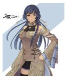  1girl artist_name athena_(fire_emblem) bare_shoulders black_shorts blue_hair brown_eyes brown_jacket cm_lynarc cowboy_shot fire_emblem fire_emblem:_mystery_of_the_emblem fur_trim hair_ribbon hand_on_own_hip highres jacket long_hair long_sleeves ribbon shorts solo wide_sleeves 