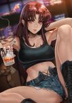  1girl alcohol armpits beretta_92 black_lagoon boots breasts brown_eyes brown_hair cigarette denim denim_shorts fingerless_gloves glass gloves gun hair_down handgun highres holding holding_cigarette looking_at_viewer magion02 midriff navel revy_(black_lagoon) short_shorts shorts shoulder_tattoo solo spread_legs tattoo tribal_tattoo weapon whiskey 