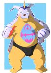  absurd_res animal_skin anthro bandai_namco belly belly_markings bulge cigarette cigarette_in_mouth clothing digimon digimon_(species) fur gabumon hi_res horn male markings musclegut object_in_mouth pecs smoking solo speedo striped_body striped_fur stripes swimwear wnsgh2466 