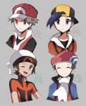  4boys backwards_hat baseball_cap black_headwear black_shirt blue_coat brendan_(pokemon) brown_eyes brown_hair closed_eyes closed_mouth coat ethan_(pokemon) grey_eyes hat highres jacket lucas_(pokemon) male_focus multiple_boys one_eye_closed poke_ball_print pokemon popped_collar raised_eyebrows red_(pokemon) red_headwear red_jacket red_shirt scarf shirt short_sleeves smile touyarokii upper_body v-shaped_eyebrows white_headwear white_scarf yellow_headwear zipper_pull_tab 