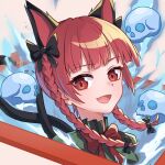  1girl animal_ears braid cat_ears cat_tail chunjiu dress extra_ears fang green_dress highres kaenbyou_rin long_hair multiple_tails open_mouth portrait red_eyes red_hair skin_fang skull smile solo tail touhou twin_braids two_tails 