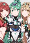  3girls bare_shoulders blonde_hair blush breasts chest_jewel cleavage commentary covered_navel earrings green_eyes green_hair headpiece highres jewelry large_breasts long_hair looking_at_viewer multiple_girls mythra_(xenoblade) peach11_01 pneuma_(xenoblade) ponytail pyra_(xenoblade) red_hair short_hair smile swept_bangs symbol-only_commentary tiara very_long_hair xenoblade_chronicles_(series) xenoblade_chronicles_2 yellow_eyes 