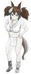  1girl :/ animal_ears asymmetrical_legwear breasts brown_hair commentary_request front-tie_top full_body fundoshi green_eyes hands_on_own_hips highres horse_ears horse_girl horse_tail inari_one_(umamusume) japanese_clothes large_breasts mismatched_legwear pelvic_curtain pout sleeves_rolled_up solo tail twintails umamusume uzuki_noboru_(denchuu_shoujo) v-shaped_eyebrows 