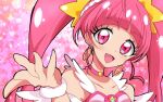  1girl :d blunt_bangs blush choker cure_star earrings fur_cuffs haru_(nature_life) highres hoop_earrings hoshina_hikaru jewelry looking_at_viewer magical_girl open_mouth pink_background pink_choker pink_eyes pink_hair precure smile solo star_(symbol) star_choker star_twinkle_precure twintails upper_body wrist_cuffs 