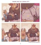  anthro blush brown_body brown_fur bulge clothed clothing comic duo english_text fur gym hi_res hyena looking_at_another male mammal muscular muscular_male sportswear spots spotted_body spotted_fur text wolfanine 