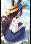  1girl absurdres animal_ears bare_shoulders beach black_hair blue_flower blue_skirt commentary_request flower hair_over_one_eye hand_on_own_knee hat hat_flower highres horse_ears horse_girl inui_(inuiw_) long_hair long_skirt looking_at_viewer ocean off-shoulder_shirt off_shoulder one_eye_covered open_mouth purple_eyes rice_shower_(umamusume) shirt shirt_tucked_in skirt smile solo squatting starfish sun_hat teeth umamusume white_shirt yellow_headwear 