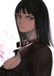  1girl artist_name black_hair blue_eyes blunt_bangs breasts cleavage commentary english_commentary highres looking_at_viewer medium_hair mygiorni nico_robin one_piece simple_background solo teeth v-shaped_eyebrows 
