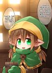  barrel brown_hair child clothed clothing cute_fangs digital_media_(artwork) elf english_text female flat_chested gloves green_cap green_clothing green_gloves green_handwear hair handwear hat headgear headwear hi_res humanoid humanoid_pointy_ears kso light_body light_skin looking_at_viewer not_furry phrygian_cap solo speech_bubble tankard text young 