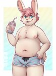  2023 anthro beverage blue_eyes blush buckteeth chubby_anthro chubby_male clothed clothing fur hair hi_res lagomorph leporid male mammal milkshake mytigertail navel nipples pink_hair rabbit simple_background smile solo swimming_trunks swimwear tan_body tan_fur teeth topless topless_anthro topless_male 