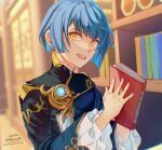  1boy bishounen blue_hair blurry blurry_background book bookshelf chinese_clothes commentary earrings english_commentary genshin_impact holding holding_book jewelry looking_at_viewer male_focus orange_eyes short_hair smile soc_nau solo xingqiu_(genshin_impact) 