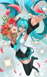 1girl absurdres ahoge arm_up armpits blue_eyes blue_hair boots bouquet breasts collared_shirt detached_sleeves floating_hair flower hair_ornament hatsune_miku highres holding holding_bouquet holding_flower jumping long_hair long_sleeves looking_at_viewer nail_polish necktie open_mouth petals pleated_skirt reaching reaching_towards_viewer rose shirt sideboob skirt sleeveless sleeveless_shirt smile solo teo_(telo_ruka) thigh_boots tie_clip twintails very_long_hair vocaloid 