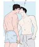  2boys abs ass bara blank_eyes blush boxers hand_on_another&#039;s_waist holding holding_toothbrush kiss large_pectorals male_focus male_underwear multiple_boys muscular muscular_male navel nipples original pants pectorals seongsilman short_hair sleepy thick_eyebrows toothbrush topless_male track_pants underwear yaoi 