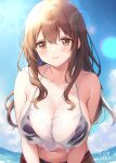  1girl alice_gear_aegis bare_shoulders bikini black_bikini blue_sky blush breasts brown_eyes brown_hair cleavage collarbone commentary_request day hair_between_eyes halterneck highres kakerayuri large_breasts lens_flare long_hair navel ocean oozeki_koyui outdoors signature sky smile solo stomach swimsuit wet wet_clothes wet_swimsuit 