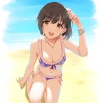  1girl arm_support beach bikini black_hair blue_bikini blue_gemstone blush bracelet breasts cleavage collarbone etsutsuni floral_print flower frilled_bikini frills front-tie_bikini_top front-tie_top gem hair_flower hair_ornament hand_up hibiscus highres idolmaster idolmaster_cinderella_girls idolmaster_cinderella_girls_starlight_stage jewelry kneeling large_breasts looking_at_viewer navel necklace ocean open_mouth short_hair side-tie_bikini_bottom sitting smile solo swimsuit takafuji_kako teeth yellow_eyes 