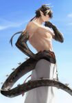  1boy abs absurdres arknights bara blue_sky chong_yue_(arknights) cloud commentary dragon_boy dragon_horns dragon_tail earrings hand_on_own_hip highres horns jewelry looking_at_viewer male_focus okonon_(kado_colda) pants pectorals pointy_ears ponytail red_eyes sky tail topless_male white_pants wiping_face 