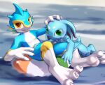  anthro aquatic_dragon blue_body claws digital_media_(artwork) dragon duo feet fin fishy_fizz fizz_(lol) green_eyes league_of_legends looking_at_viewer male male/male marine nude orange_eyes paws petting riot_games sea simple_background smile swim_ring tail water 