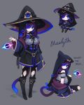  1girl black_footwear black_hair black_socks black_tunic blue_hair blue_pupils cat_tail energy_ball hat highres long_hair looking_at_viewer multicolored_hair original purple_hair reference_sheet socks squeaky_(artist) streaked_hair tail tunic witch witch_hat 