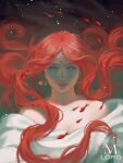  1girl absurdres animal bare_shoulders dark_background earrings eyelashes fish floating_hair forehead_jewel gake_no_ue_no_ponyo goldfish granmamare highres jewelry light_smile long_hair looking_at_viewer lordm-art portrait red_hair red_lips studio_ghibli underwater watermark 