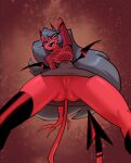  bigdad breasts clothing demon demon_humanoid female fishnet fishnet_clothing fishnet_topwear genitals helluva_boss humanoid not_furry pussy red_body solo spade_tail tail topwear upskirt verosika_mayday_(helluva_boss) 