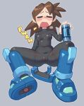  1girl =_= armored_boots black_bodysuit blue_footwear bodysuit boots breasts brown_hair cameltoe can closed_eyes collarbone covered_navel darkbot energy_tank english_text exhausted genderswap genderswap_(mtf) grey_background highres holding holding_can medium_hair mega_man_(series) mega_man_legends mega_man_volnutt open_mouth sitting small_breasts sound_effects spread_legs sweat thighs 