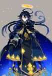  1boy ahoge androgynous black_cape black_coat black_gloves black_hair blue_cloak blue_hair blush braid cape cloak closed_mouth coat constellation funamusea gloves grey_background halo lastar_chaos long_hair looking_at_viewer male_focus smile solo star_(symbol) starry_sky_print zenryoku_eimin 