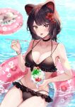  1girl afloat animal_ears bikini black_bikini black_choker black_hair blush bracelet breasts cherry choker cleavage collarbone colored_tongue dog_ears drinking_straw flower food frilled_bikini frills front-tie_bikini_top front-tie_top fruit hair_flower hair_ornament hat highres holding holding_drinking_straw innertube inui_toko jewelry large_breasts lens_flare long_hair looking_at_viewer multi-strapped_bikini navel necklace nijisanji red_eyes red_flower shaved_ice sidelocks solo spoon_straw straw_hat strawberry swimsuit virtual_youtuber water wet yellow_eyes yoshiki1020 