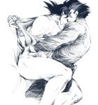 2boys ass bara bed bottomless dragon_ball dragon_ball_super father_and_son finger_to_another&#039;s_mouth greyscale highres incest large_pectorals lying male_focus monochrome multiple_boys muscular muscular_male naked_shirt on_back on_bed open_clothes open_shirt pants pectorals powersalad2022 shirt short_hair son_gohan son_goku spiked_hair thick_thighs thighs wristband yaoi 