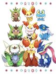  2022 ambiguous_gender anthro blue_body blue_skin braixen chesnaught chespin claws delphox evolutionary_family fennekin feral froakie frogadier front_view fur generation_6_pokemon green_body greninja group hi_res looking_at_viewer nintendo pokemon pokemon_(species) quilladin saki_pokeoekaki simple_background sitting smile starter_trio trio white_background yellow_body yellow_fur yellow_sclera 