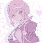  1girl black_shirt blunt_bangs danganronpa_(series) danganronpa_2:_goodbye_despair flipped_hair hair_ornament heart highres hood hood_down hooded_jacket jacket long_sleeves looking_at_viewer medium_hair nanami_chiaki neck_ribbon open_clothes open_jacket parted_lips pink_eyes pink_ribbon pote_(pote_39) ribbon shirt solo spaceship_hair_ornament teeth two-tone_shirt white_background white_shirt 