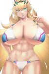  1girl abs absurdres bare_shoulders barghest_(fate) barghest_(swimsuit_archer)_(fate) bikini blonde_hair breasts cleavage collarbone fate/grand_order fate_(series) green_eyes highres horns huge_breasts kankitsu_kei long_hair looking_at_viewer mouth_hold multicolored_bikini multicolored_clothes muscular muscular_female solo swimsuit thick_thighs thighs white_bikini 