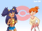  2girls big_hair bow cosplay costume_switch crop_top denim denim_shorts iris_(pokemon) iris_(pokemon)_(cosplay) ladyk leggings long_hair misty_(pokemon) misty_(pokemon)_(cosplay) multiple_girls orange_hair pokemon pokemon_(anime) pokemon_(classic_anime) pokemon_(game) pokemon_bw ponytail purple_hair shorts side_ponytail suspenders very_long_hair waist_bow 