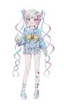  1girl :d absurdres blue_bow blue_eyes blue_footwear blue_hair blue_shirt blunt_bangs bow chouzetsusaikawa_tenshi-chan full_body grey_hair grey_skirt hair_bow hair_ornament heart heart_hair_ornament highres long_hair long_sleeves looking_at_viewer multicolored_hair needy_girl_overdose open_hand open_mouth pink_bow pink_hair platform_footwear pleated_skirt purple_bow quad_tails reddizen sailor_collar school_uniform serafuku shirt shoes simple_background skirt smile solo standing twintails very_long_hair white_background yellow_bow 