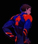  1boy back bara blue_bodysuit bodysuit broad_shoulders dark-skinned_male dark_skin from_side glowing_bodysuit hair_slicked_back highres male_focus marvel miguel_o&#039;hara muscular muscular_male pectorals red_bodysuit short_hair sideburns solo spider-man:_across_the_spider-verse spider-man_(series) spider-verse thick_eyebrows two-tone_bodysuit v-taper yotti 