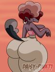  2023 afro anthro artist_name beauty_mark big_breasts big_butt breast_squish breasts brown_hair bubble_butt butt canid canid_demon claws cleavage clothed clothing curvaceous curvy_figure daisy-pink71 demon digital_drawing_(artwork) digital_media_(artwork) ear_piercing ear_ring esme_(helluva_boss) female fingers fluffy fluffy_tail fur grey_body grey_fur hair hair_over_eye hair_over_eyes hellhound helluva_boss hi_res hourglass_figure huge_butt mammal markings mole_(marking) multicolored_hair one_eye_obstructed piercing ring_piercing shirt simple_background small_waist smile snout solo squish tail tank_top thick_thighs topwear two_tone_hair voluptuous watermark wide_hips 