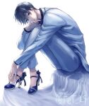  1boy black_hair black_shirt blue_bow blue_eyes blue_footwear blue_necktie bow cloth crossed_ankles footwear_bow formal free! full_body hair_between_eyes hand_up high_heels jacket knees_to_chest looking_at_viewer male_focus nanase_haruka_(free!) necktie pants parted_lips pumps shirt short_hair sitting solo suit tet_24 twitter_username white_background white_jacket white_pants white_suit 