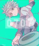  1boy green_background hexagram hunter_x_hunter killua_zoldyck layered_sleeves long_sleeves looking_at_viewer male_child male_focus oomoriokome shirt short_hair short_over_long_sleeves short_sleeves simple_background solo star_of_david white_hair white_shirt yo-yo 