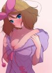  1girl bare_shoulders blue_eyes blush bow breasts brown_hair cleavage collarbone fujiwara_hiro_(kaede_ciao) hair_bow hair_ornament highres large_breasts light_brown_hair looking_at_viewer pajamas pink_background pink_pajamas pokemon pokemon_(anime) pokemon_(game) pokemon_xy serena_(pokemon) short_hair simple_background solo 