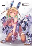  1girl :3 bare_shoulders blonde_hair bodystocking bow bowtie breasts colored_inner_hair commentary detached_collar english_text full_body gloves green_hair hair_between_eyes highres kneeling leotard light_blush looking_at_viewer mecha_musume mechanical_ears mechanical_legs medium_breasts multicolored_hair original red_bow red_bowtie red_eyes red_hair smile solo tadano_magu white_leotard 